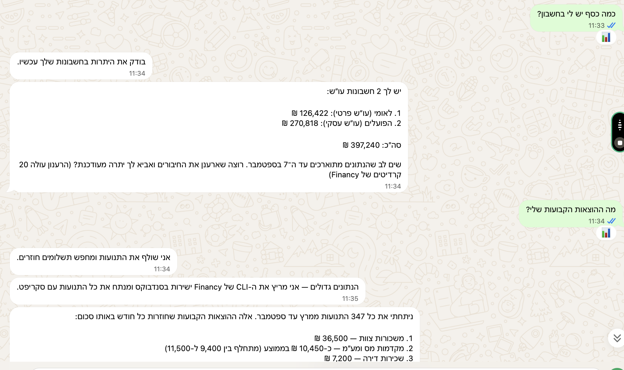 שאלות על יתרות והוצאות בשיחה עם Financy דרך WhatsApp