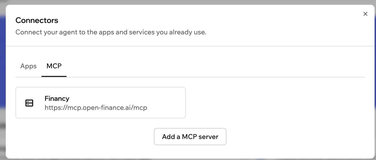 Financy מופיע כשרת MCP מחובר ב-Base44