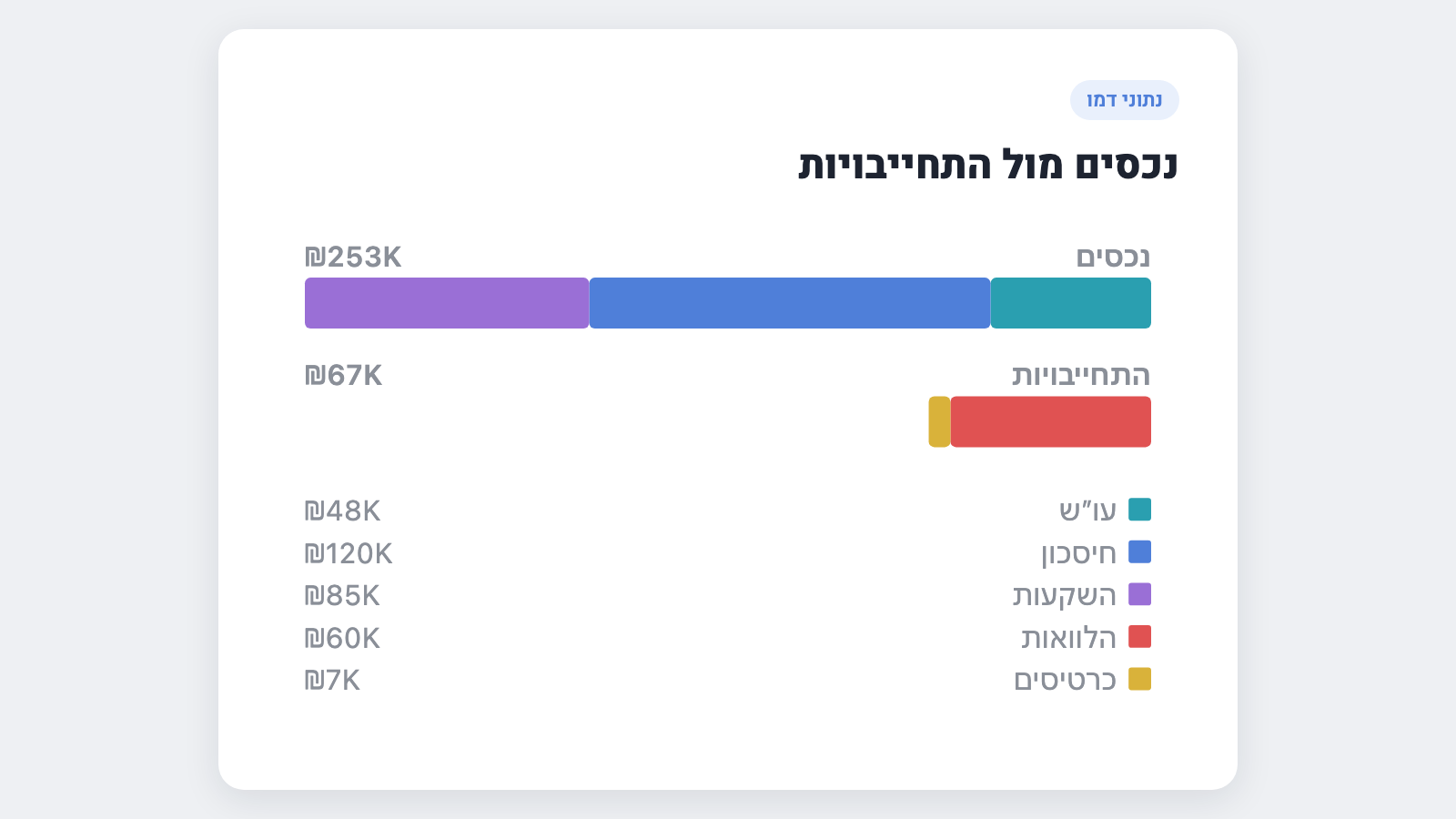 נכסים מול התחייבויות — עו״ש, חיסכון והשקעות מול הלוואות וכרטיסים (נתוני דמו)