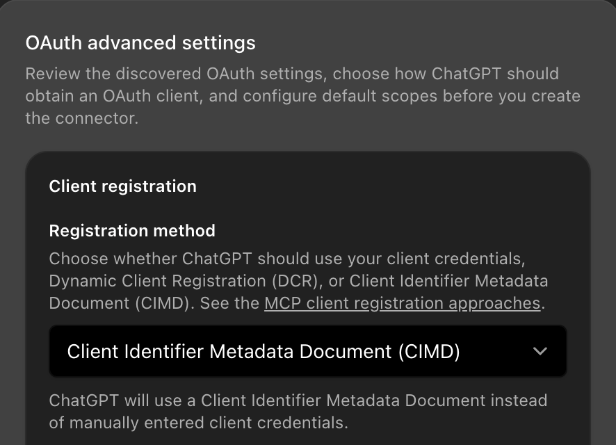 בחירת Client Identifier Metadata Document (CIMD) בהגדרות ה-OAuth המתקדמות