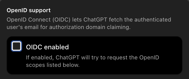 הגדרת OpenID support כשאפשרות OIDC enabled אינה מסומנת