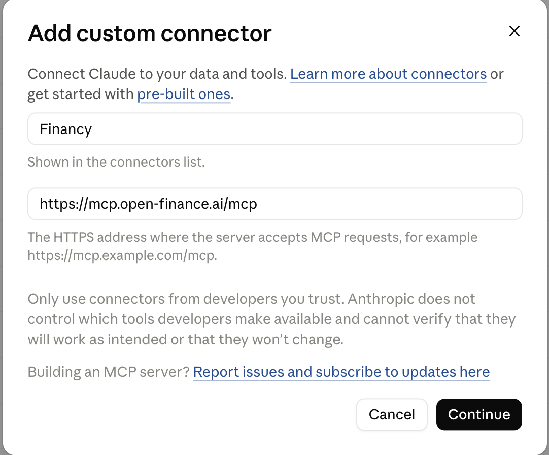 Add custom connector form with Name Financy and URL https://mcp.open-finance.ai/mcp