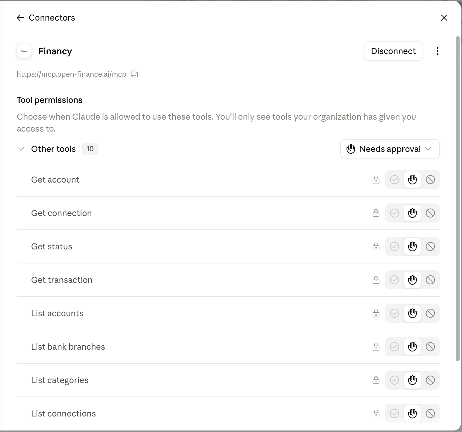 Financy connector tools list, Needs approval