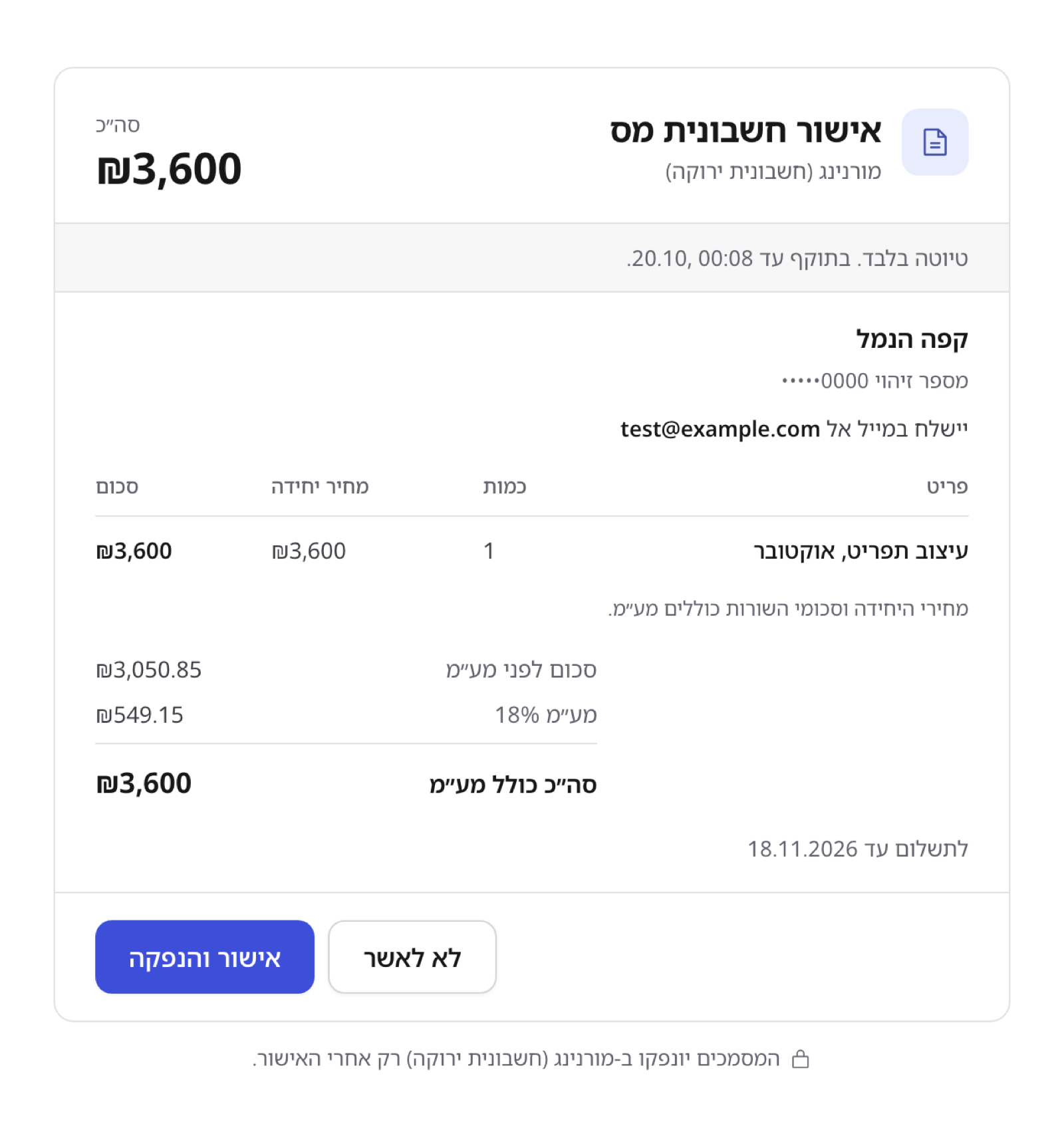 עמוד האישור ב-Financy: חשבונית מס לקפה הנמל, לפני הנפקה במורנינג