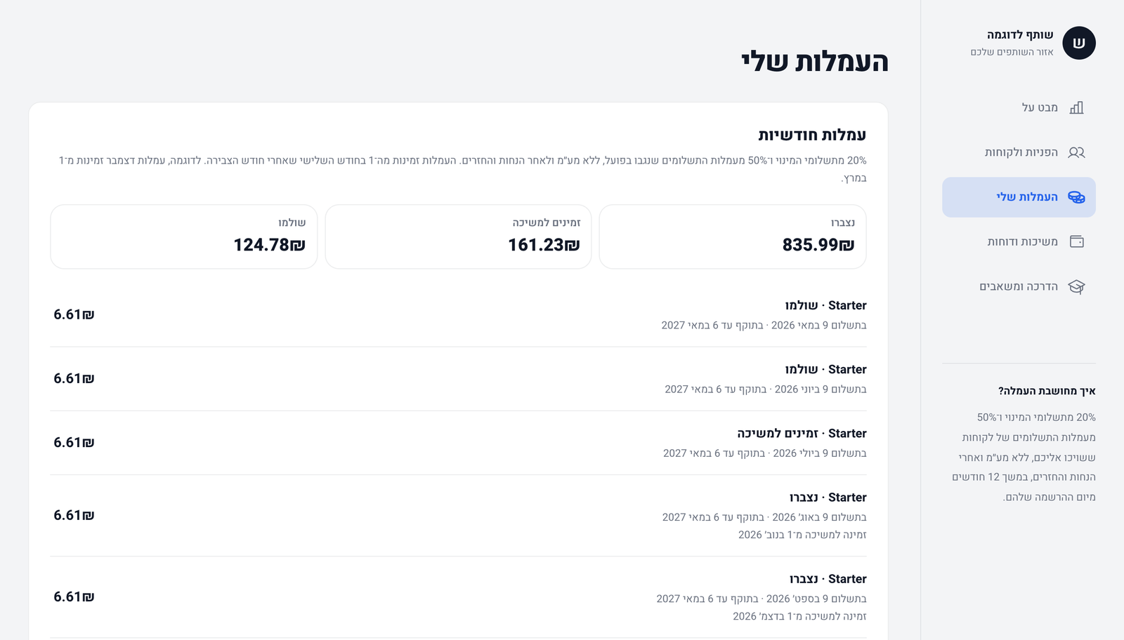 פירוט העמלות לפי מצב: נצברו, זמינים למשיכה, שולמו