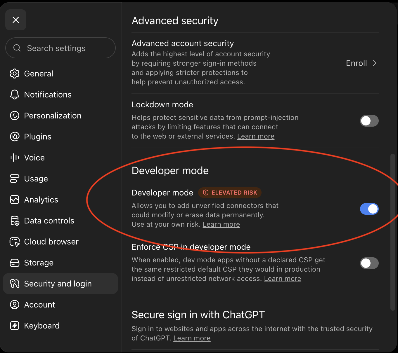 ChatGPT Settings, Security and login, Developer mode on
