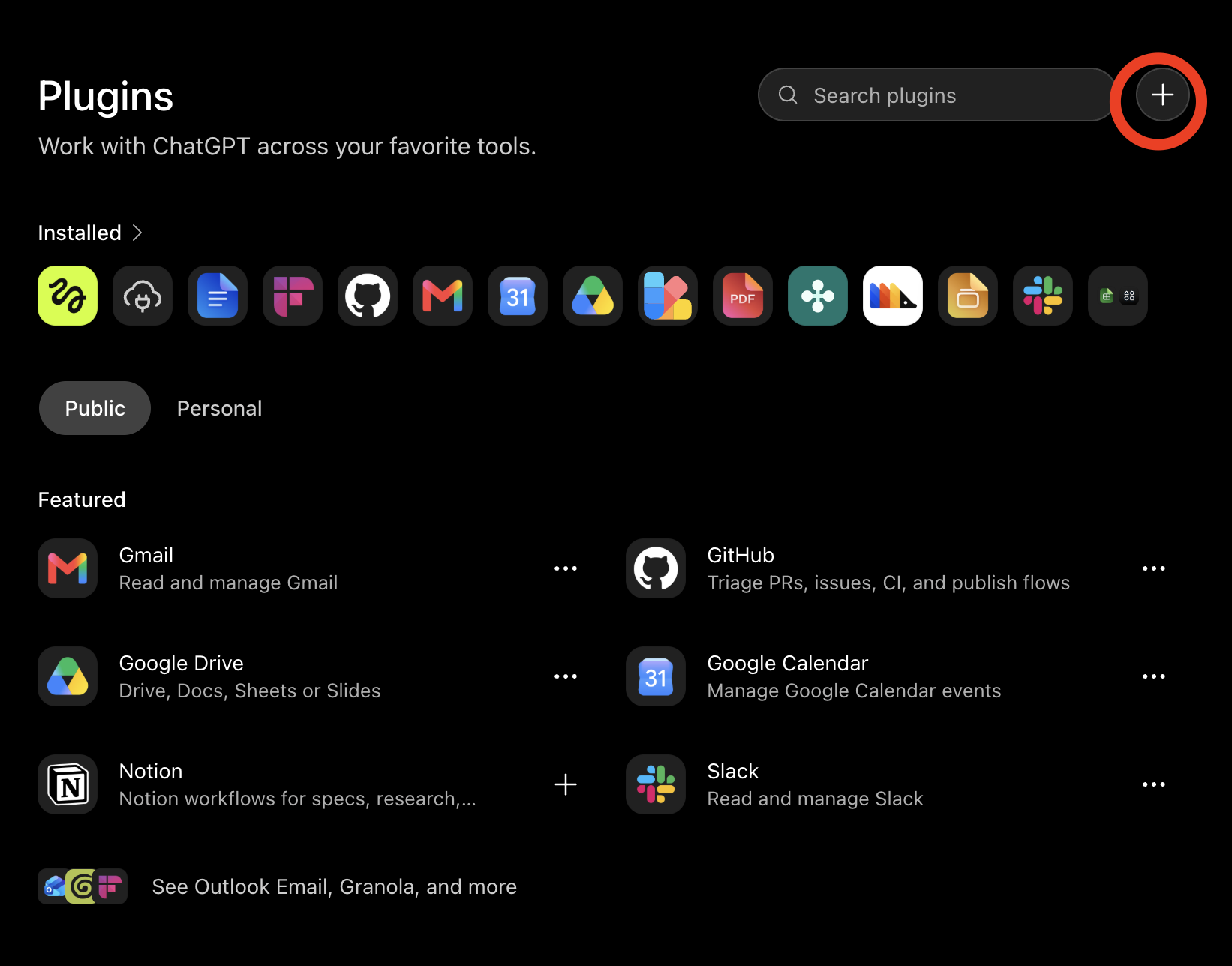 ChatGPT Plugins screen with + to add a plugin