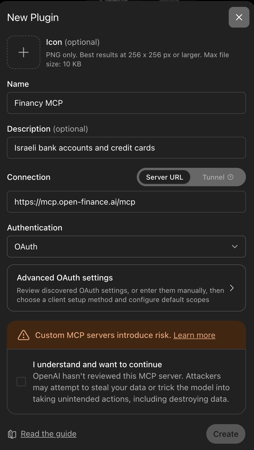 New Plugin form with Financy MCP server URL and OAuth