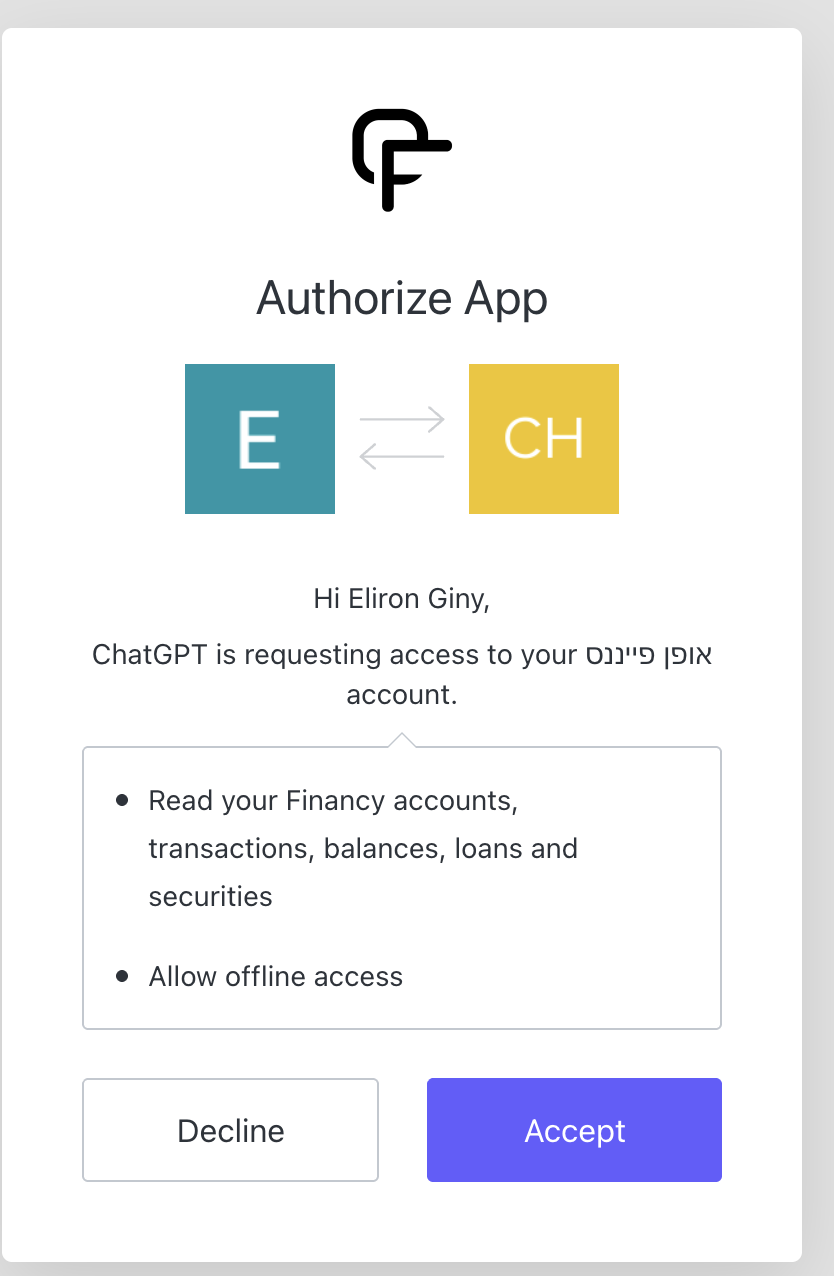 Authorize App screen for Financy access